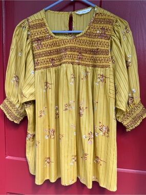 Acos&A Floral Mustard Smocked Flowy Peasant Blouse, Contrast Embroidery Size XL